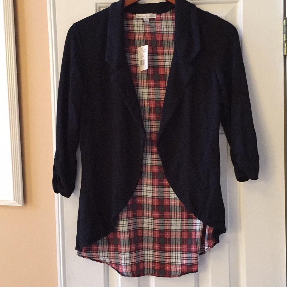 Moa Moa black blazer/Peeking plaid tulip back NWT